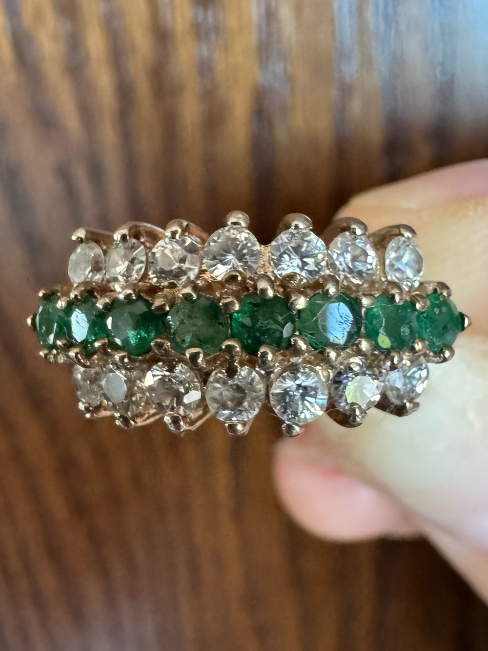 Vintage Green Emerald and White Stone Band Ring